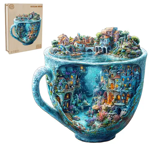 Unique Shape Ocean Mug Handcrafted Wooden Jigsaw Puzzle - Natural Wood, Beautiful Box, Beginner-Friendly, S/M/L Levels to Grow, Best Gift for Adults and Teens, Whimsical Home Decor, Children's Day Gift