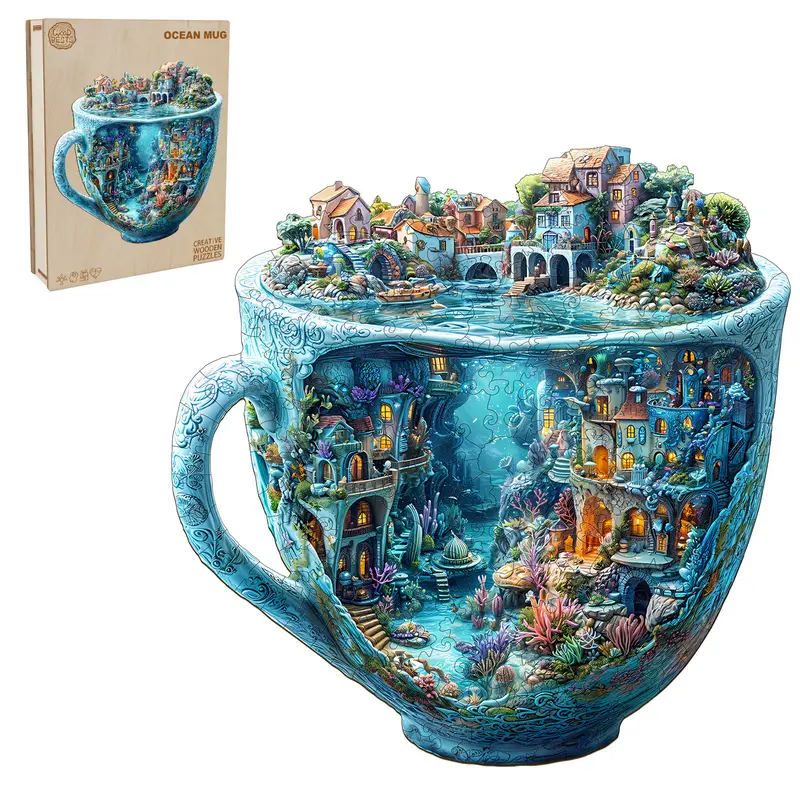 Unique Shape Ocean Mug Handcrafted Wooden Jigsaw Puzzle - Natural Wood, Beautiful Box, Beginner-Friendly, S/M/L Levels to Grow, Best Gift for Adults and Teens, Whimsical Home Decor, Children's Day Gift