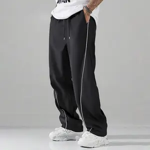 Men's Black Athletic Pants Spring & Fall American Streetwear Loose Straight Leg Versatile Striped Casual Trousers