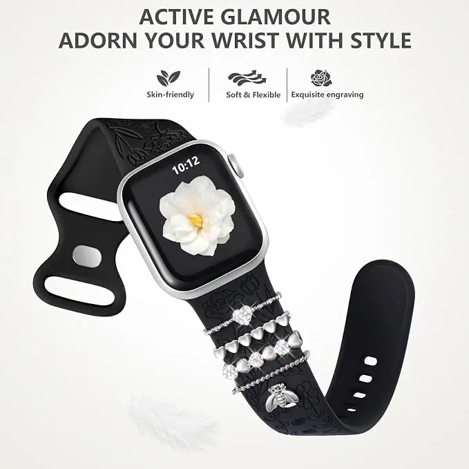 Women’s Floral Engraved Silicone Watch Band with DIY Charms, Stylish Soft Adjustable Sport Strap, Fashion Replacement Wristband for Daily Wear