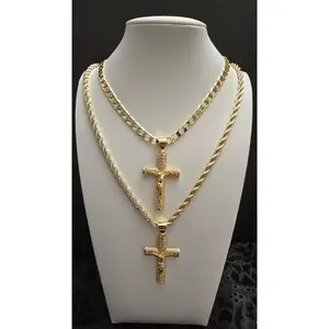 Crucifico Jesus Christ Crucifix Gold Plated Necklace with 1 1/2 Inch Cross Pendant Featuring Small White Stones
