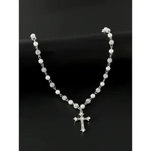 Vintage Stylish Simple Rhinestone Cross Decorated Imitation Pearl Necklace, Men's Hip Hop Punk Jewelry for Elegant Charm, Bling Necklace, Pearl Chain Necklace y2k bracelet men