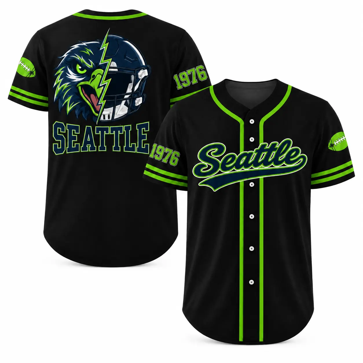 American Football Fan Baseball Jersey, Black Green Button-Front Shirt, Eagle Helmet Graphic, Short Sleeve Game Day Outfit