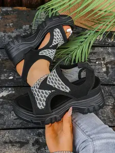 Women's Flyknit Mesh Thick Sole Wedge Sandals, Elastic Back Strap Height-Boosting Casual Shoes, Comfortable and Stylish Footwear