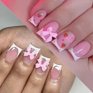 48Pcs French Tip Press Nails Short Square Fake Nails Bow Charms Acrylic False Nails Cute Glue Nail Reusable Artificial Stick Nail for Women Girls Manicure Nails Decoration 2 Packs