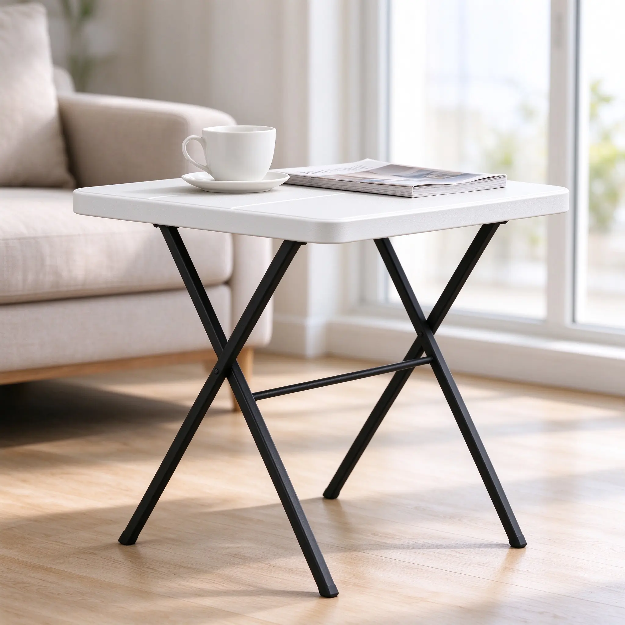 Minimalist Easy-Fold Portable Camping Picnic Side Table - White Top, Lockable Steel Frame, Solid Build Foldable Desk for Balcony, Indoor-Outdoor Dining, Coffee Use