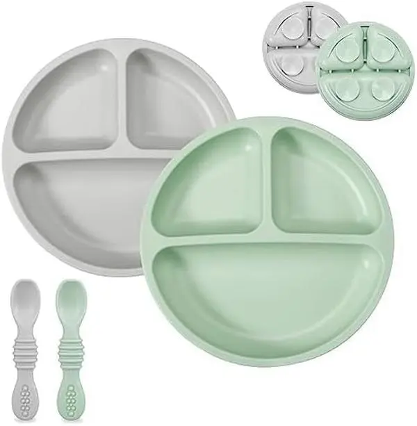 2 Pack Silicone Baby Feeding Set Divided Suction Plates with Spoons Baby Led Weaning Essentials Non Slip BPA Free Toddler Self Feeding Kit