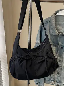 Niche retro drawstring pleated canvas bag, casual one-shoulder underarm, literary large-capacity versatile fashionable daily commuter bag, suitable for students, office workers, shopping and travel, etc.