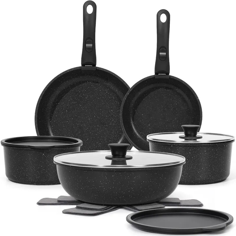 [NEW]15pcs Pots and Pans Set Non Stick, Cookware Sets with Detachable Handle, Nonstick RV Kitchen Cooking Set Removable Handles, Oven Safe,Stackable,Glass,Oil,thanksgiving,blackfriday,christmas,familyfun,gift