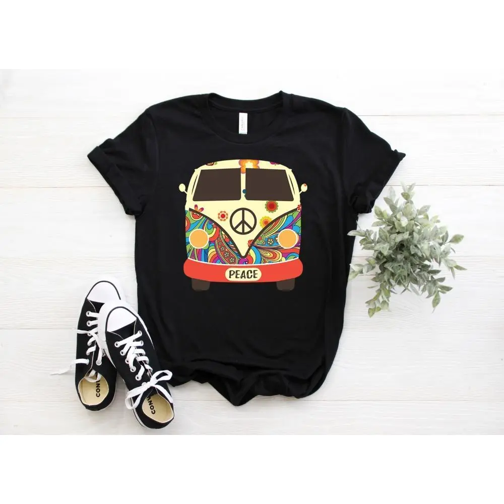 Women's Cotton Round Neck Short Sleeve Soft Casual Hippie Vintage Funny Disco T-Shirt - 60s 70s 80s Festival Party Costume, Gypsy Soul, Love Peace, Colortone Tie Dye, Hippy Gifts, Tank Top Option, Black Hoodie Front, Black Sweatshirt Front, Shortsleeve, L