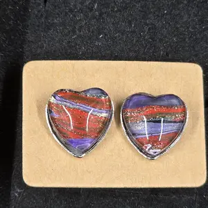 12 mm stud earring, stainless bezel. heart shape hand painted glass cabochon