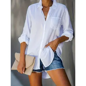 Women'S Casual Plus Size Shirt, Solid Color Polyester 100%, All-Season Lapel Collar with Pocket, Slight Stretch Woven Fabric, 120g/m² - Versatile and Comfortable