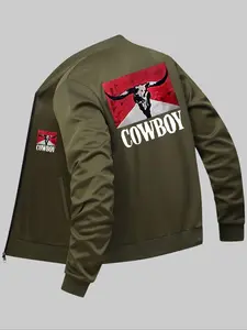 Men's Bull Head & Letter Print Pocket Zip Up Bomber Jacket, Casual Jackets, Regular Fit Casual Long Sleeve Mock Neck Jacket for Daily Outdoor Wear, Fashion Men's Clothes for All Seasons