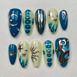 Moon Sailor Press-On Nails – Deep Blue Sky Fake Nails with Stars, Moons & Metallic Cosmic Art - DarkNailz