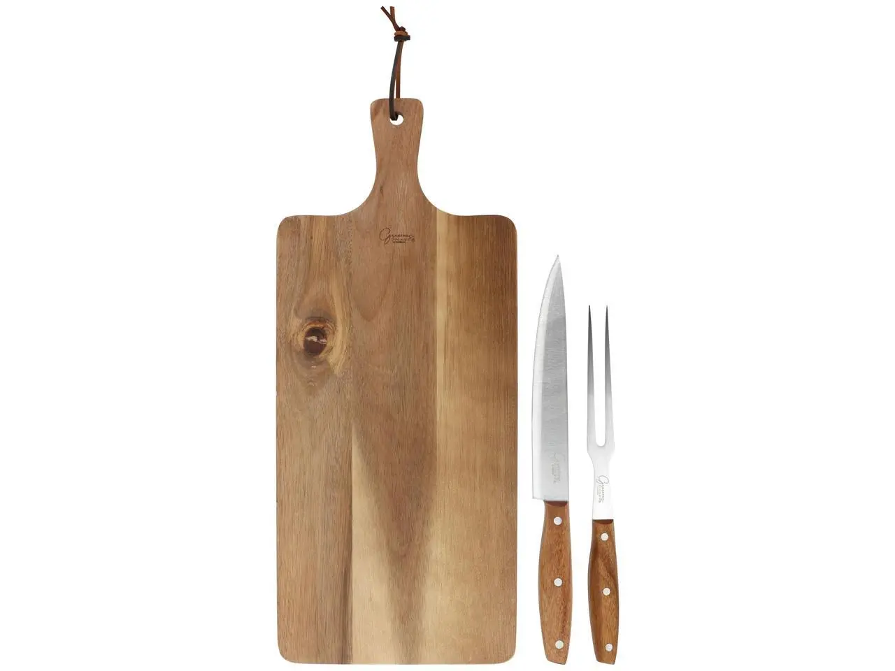 Gibson Elite 3 Piece Acacia Wood Serving Board with Carving Knife and Fork in Brown