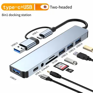 High-Speed Portable USB C HUB Adapter, USB Port Adapters, 8-In-1 USB Extender with 4 Ports, Usbc TF/SD Card Reader, 3.5mm Audio Output, Compatible with Type-C Devices