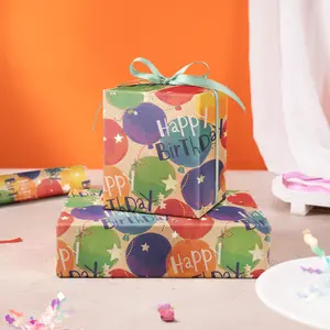RUSPEPA Birthday Wrapping Paper Roll - 17 Inches x 16.4 Feet - Balloon Design with Gold Foil Accentson on Durable Kraft Paper - Bright Colors for Kids' Birthday Party