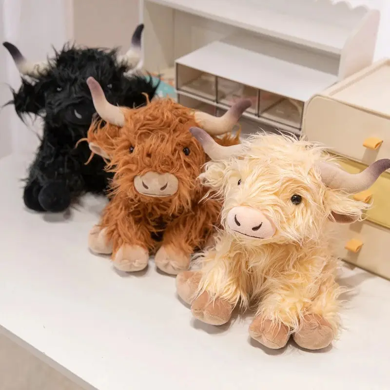 Long Hair Highland Cattle Plush Toys Fluffy Realistic Cattle Doll Funny Sit&Stand&Lying Pose Animal Doll Cute Desktop Decor