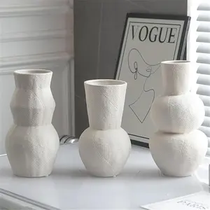 Ceramic Vases for Flowers Matte White Ribbed Vase Set of 3 Modern Farmhouse Home Decor Pottery for Centerpieces Boho Vases High Quality Gourd Shape with Waterproof Coating