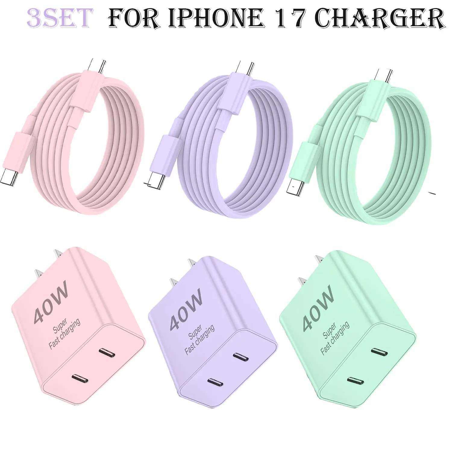 3Pack Color Charger For iPhone 17 Charger, 40W Dual USB C Fast Charger Block with 6ft Type C Charging Cable Cord for iPhone 17/17 Pro/17 Pro Max/Air/16/16 Pro/16 Pro Max/16 Plus/15/15 Pro Max