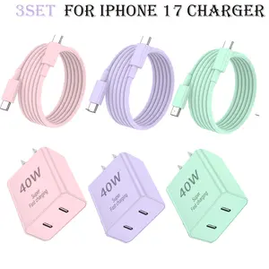 3Pack Color Charger For iPhone 17 Charger, 40W Dual USB C Fast Charger Block with 6ft Type C Charging Cable Cord for iPhone 17/17 Pro/17 Pro Max/Air/16/16 Pro/16 Pro Max/16 Plus/15/15 Pro Max