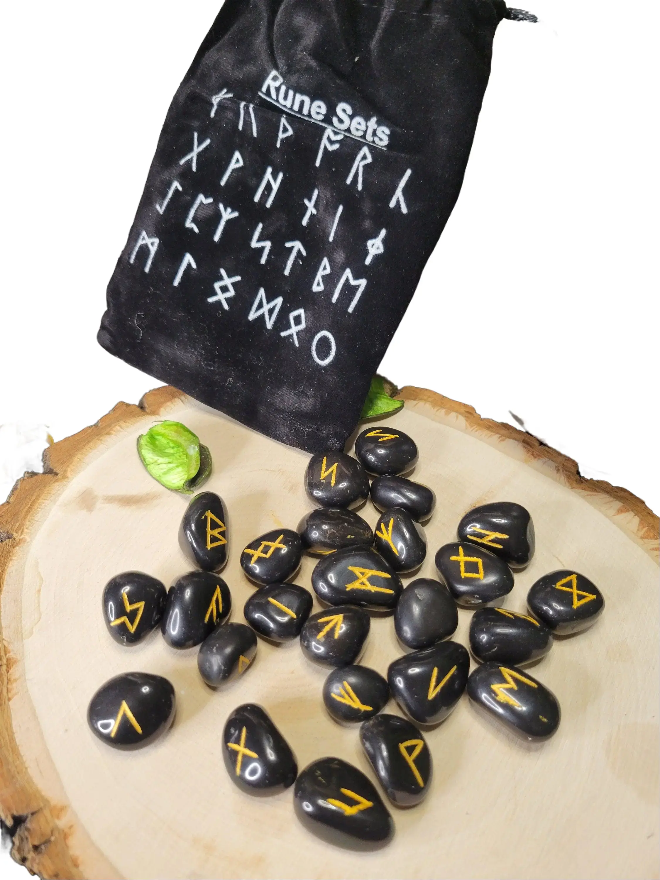 Black Agate Runestone Set, 25-Stone Collection with Storage Pouch for Jewelry Accessory & Jade Decoration Use
