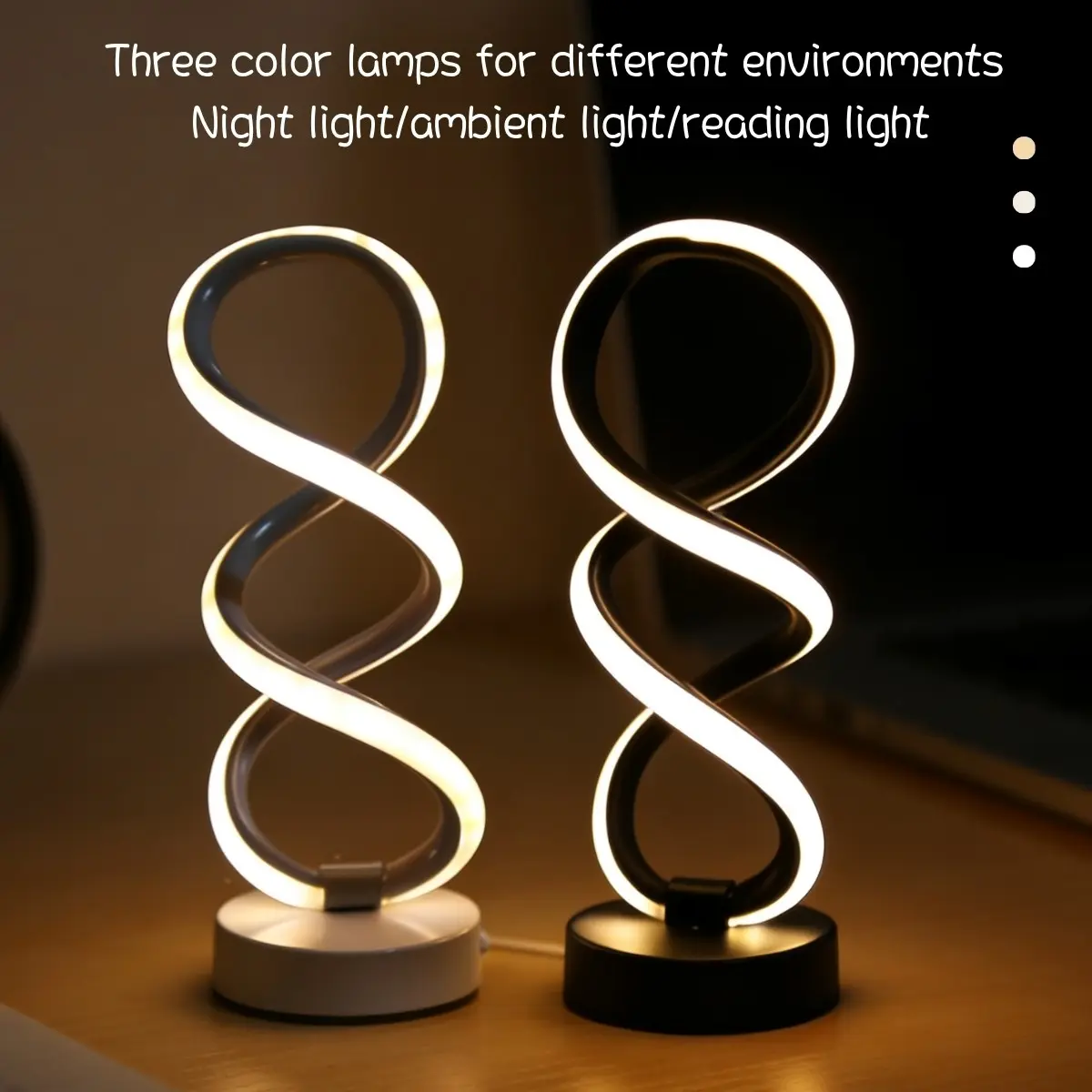Modern LED Spiral Ambient Table Lamp with Three Color Settings, Bedside Light, Night Light, Line Control Switch, Metal Base, Ideal for Living Room Office Dormitory, Led Mood Lighting