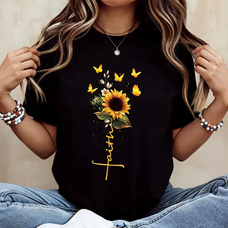 Women's Classic Cut Pure Cotton Round Neck Shortsleeve T-Shirt - CasuSunflower Butterfly Print Faith Graphic, Soft Fabric Comfortable Casual Clothes, Beach Summer Essential Fashion Top, Floral