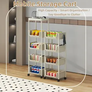 Multi-Functional Multi-Layer Plastic Storage Cart with Wheels, Adjustable Shelving for Bedroom, Kitchen, Bathroom, Living Room, Adjustable Storage Rack