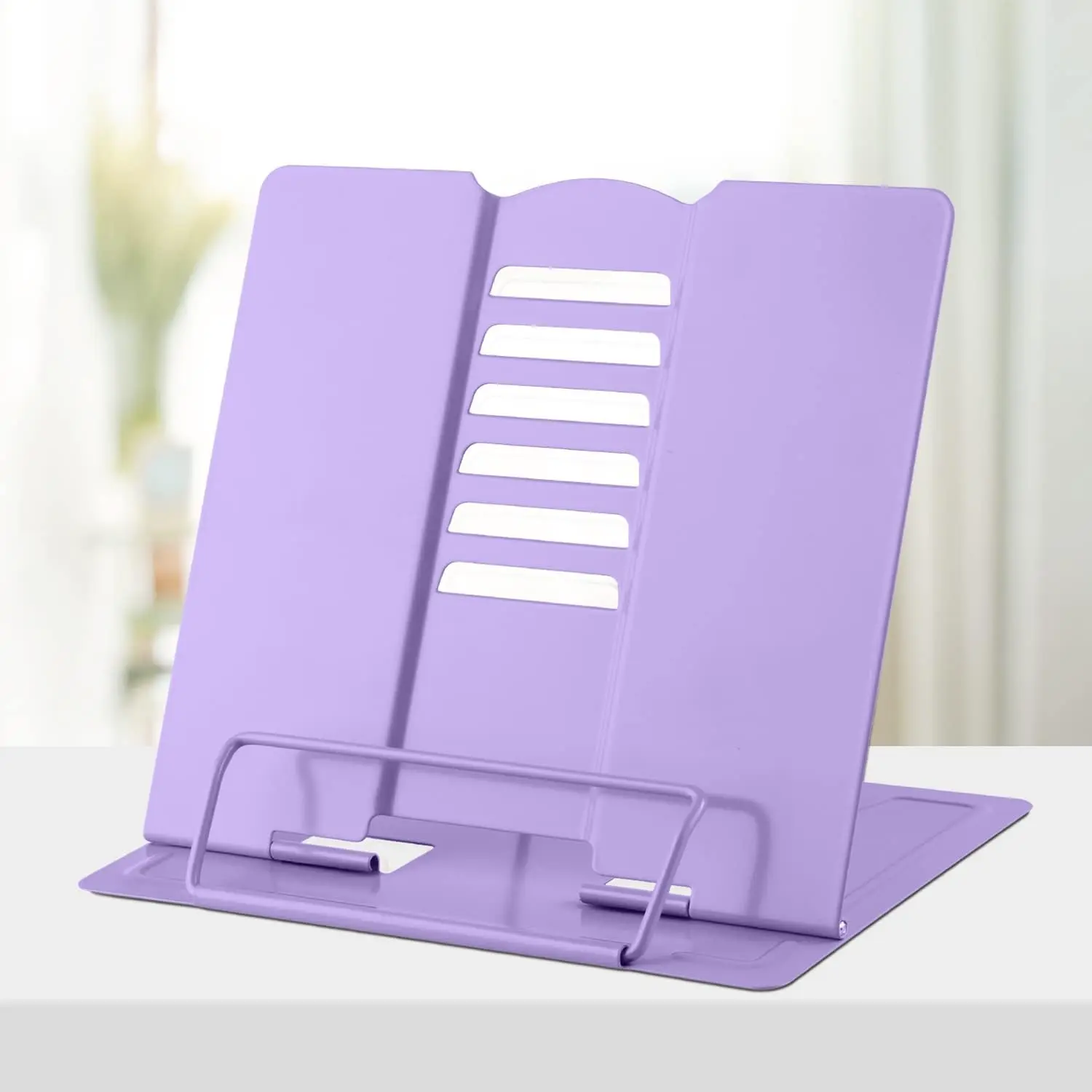 Metal Desk Book Holder, Hands Free Adjustable Cookbook & Document Holder, Portable Bookstand for Music Books, Textbooks, Recipes, Tablets & iPads (Purple)
