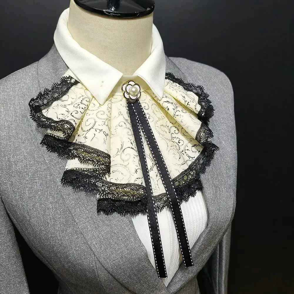 Vintage Lace Trim Jabot Collar, Black-Edged Decorative Neck Cravat, Elegant Ruffled Neck Scarf for Shirts, Stage Performances and Formal Wear