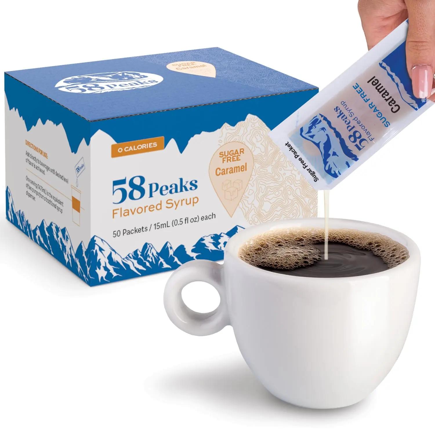 50 Count Sugar-Free Caramel Syrup Packets for Coffee & Drinks, To-Go Single Serve, 15mL, 58Peaks