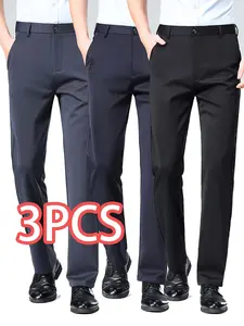3-pieces Men's New Loose Straight Leg Elastic Solid Color Fitted Pocket Formal Pants, Casual Street Comfy Anti-Wrinkle Business Trousers for All Seasons