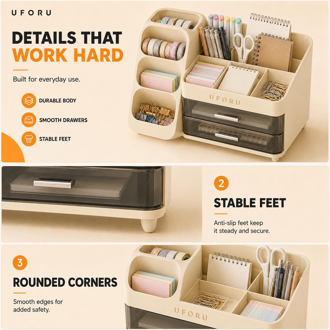 UFORU Desktop Organizer with Drawers - Large-Capacity Multi-Compartment Desk Storage Box for Pens, Markers, Notebooks, Sticky Notes, Office & School Supplies, Home Office Study Use