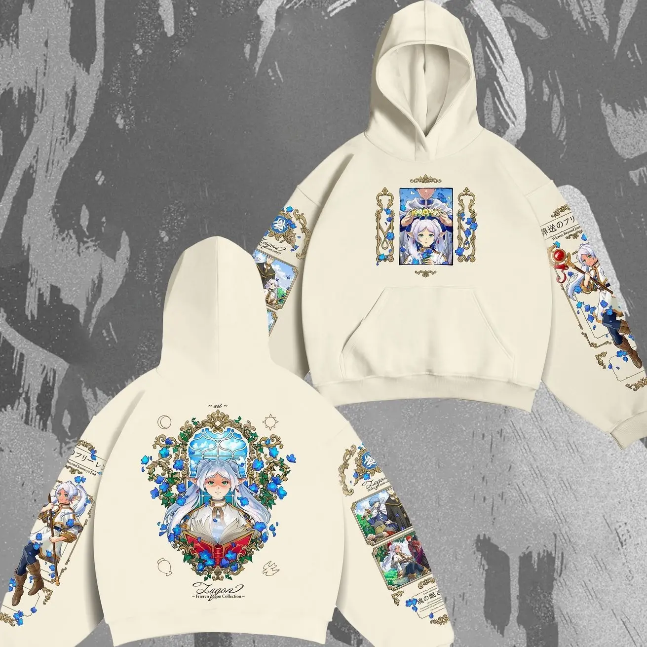 Frieren Beyond Journey’s End Hoodie – Frieren Anime Hoodie, Fantasy Elf Mage Graphic Pullover, Blue Floral Art Design D