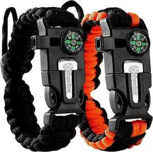 Paracord Bracelet 2 Pack Adjustable Fire Starter Loud Whistle for Hiking Camping Fishing Hunting Black & Black+Orange Outdoor Gear