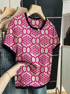 Geometric Print Round Neck Sweater, Casual Short Sleeve Knitwear for Spring Summer Fall, Comfortable Warm Women's Clothing