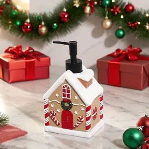 Minimal Nest Shop Gingerbread House Soap Dispenser/Solid Resin Snow-Capped Roof with Candy Cane Wreath & Icing Drip Design/Phthalate-Free Clear Texture Hand Holder/Christmas Bathroom Decor/Holiday Gift for Women & (No Plug-In)
