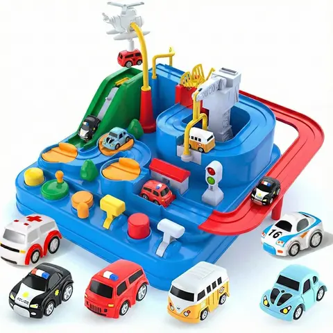 Car Race Track Adventure Toy for Kids, Interactive Puzzle Track Playset with 6 Mini Cars, Buttons, Levers, Bridge and Helicopter