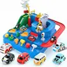 Car Race Track Adventure Toy for Kids, Interactive Puzzle Track Playset with 6 Mini Cars, Buttons, Levers, Bridge and Helicopter