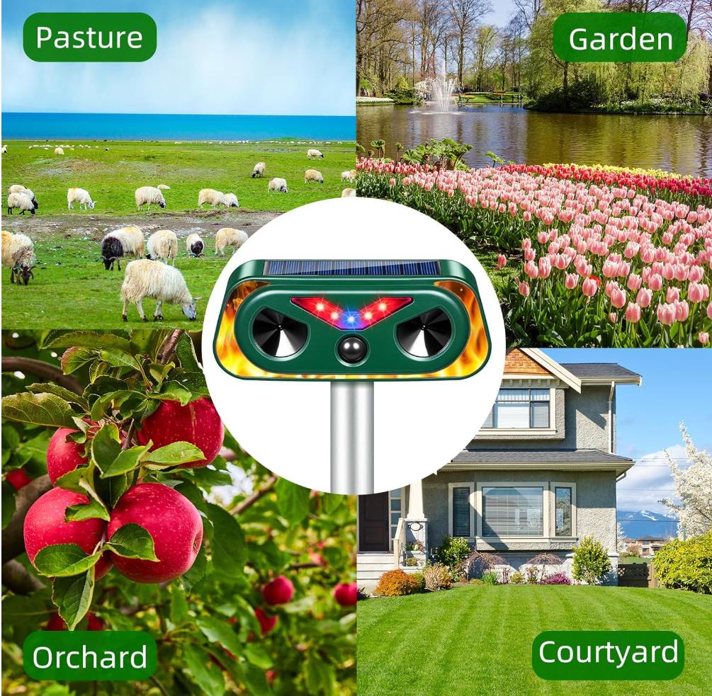 Solar Ultrasonic Flame Lamp Animal Repeller - Home Essentials, 3-9M PIR Motion Sensor, IP66 Waterproof Outdoor Pest Control Stake for Yard, Garden, Repels Squirrels, Deer, Birds, Rats, Weasels, Mosquitoes
