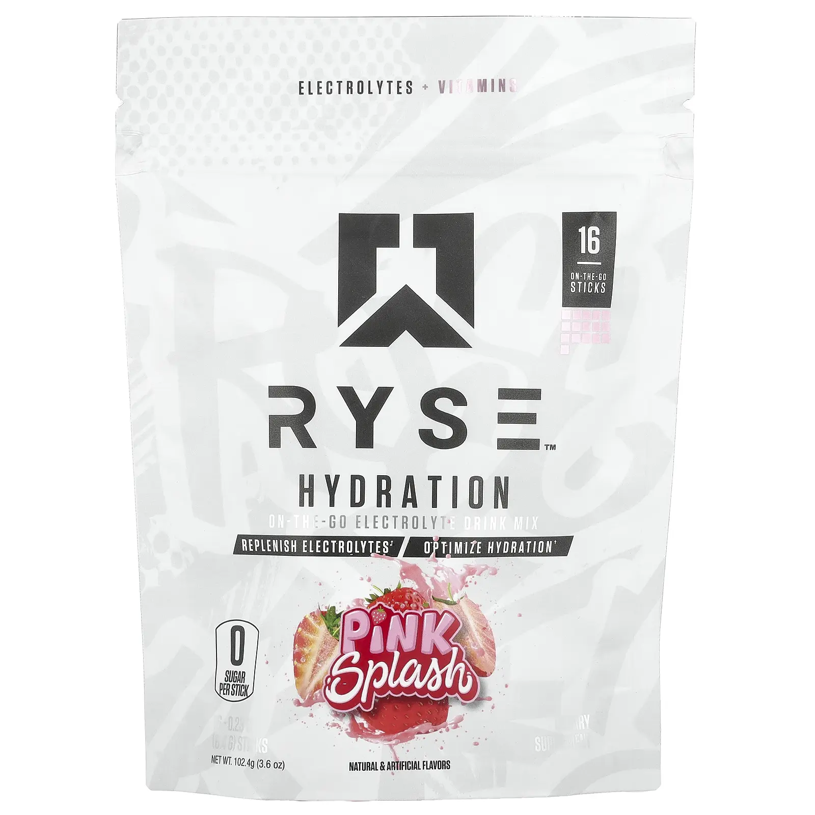 RYSE Hydration, On-The-Go Electrolyte Drink Mix, Pink Splash, 16 Sticks, 0.23 oz (6.4 g) Each