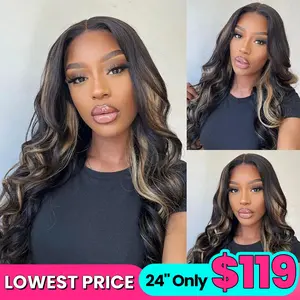 【Lowest Price: 24" Only $119】Trendy Ready to Wear Blonde Highlight Glueless 4x4 Pre Cut Lace Body Wave Wigs with Pre Plucked Hairline & Bleached Knots
