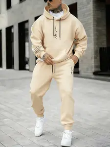 Hypemode Plus Size Man Set, Clothes, Geometric Letter Print Long Sleeve Hoodie with Pockets & Jogger Pants, Casual Style, Comfortable Fit, Daily Wear, Fall & Winter Fashion
