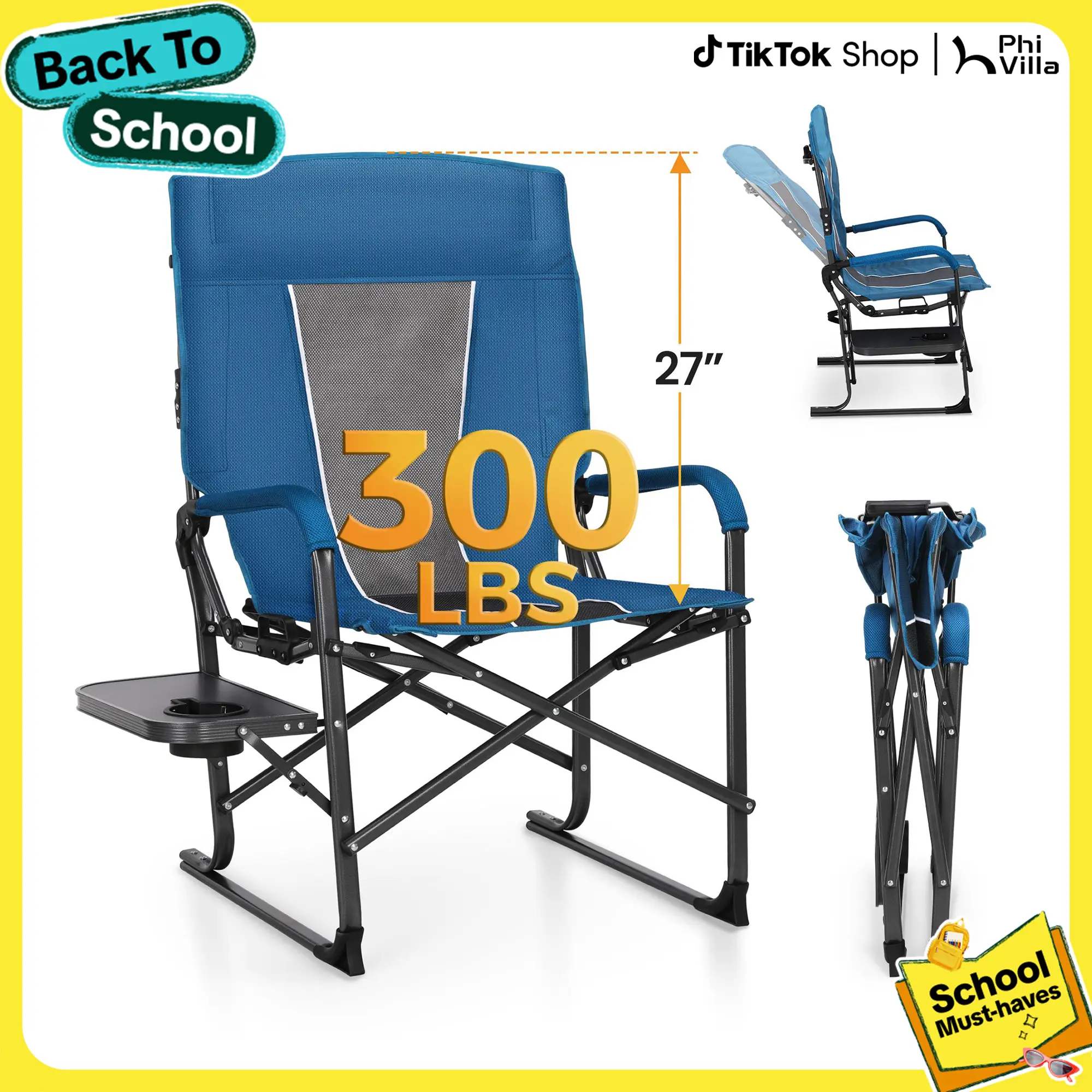DealsForYouDays PHIVILLA 27” High Back Adjustable Camping Chair, 2-Position Reclining Folding Director Chair Supports 300lbs, Heavy Duty Outdoor Lawn Chair with Side Shelf