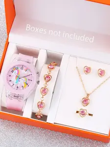Cute Unicorn Silicone Wrist Watch Set with Jewelry, Analog Quartz Movement, Round Hardlex Glass Face, Perfect Gift for Kids