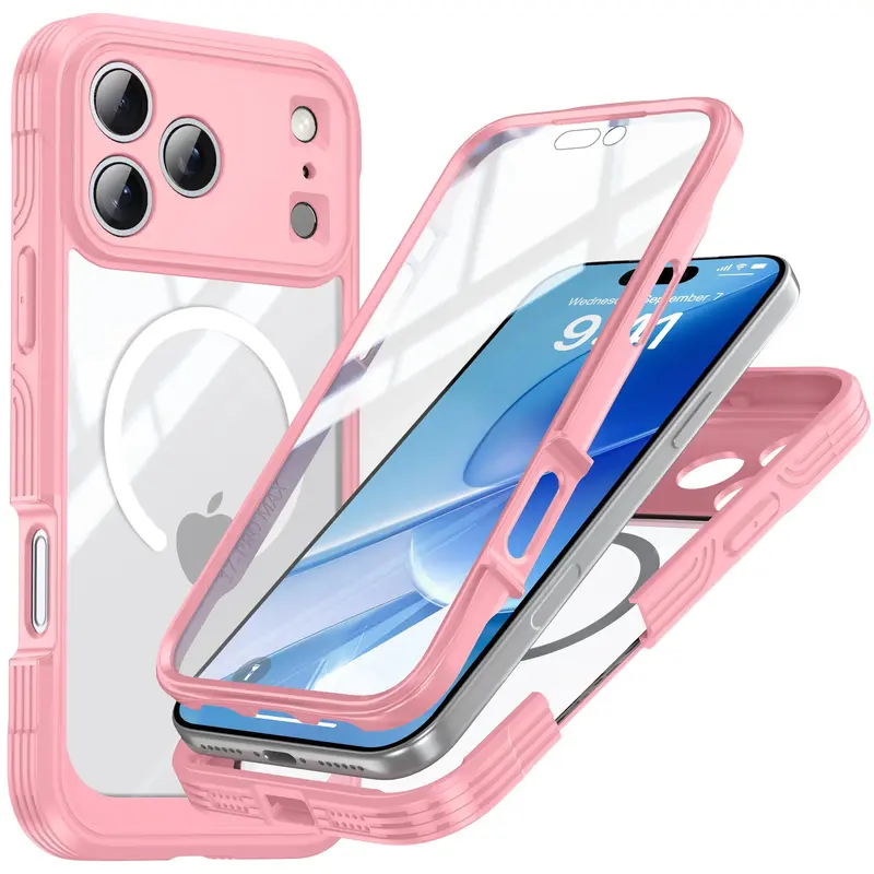 StarTU 360 Degree Rugged Cellphone Case for iPhone 17 Pro Max-16-15, MagSafe Compatible with MagSafe, Military Shockproof Cover with Built-in Screen Protector, Camera Lens Protection, Transparent Base Bumper