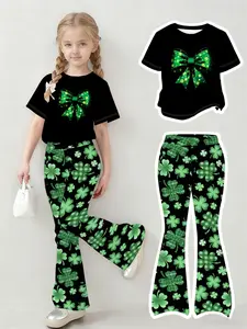 Girls' Fashion Butterfly & Clover Print Short Sleeve T-Shirt and Bell Bottom Pants Set, Saint Patrick's Day Spring Summer