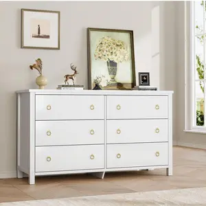 Garvee 6 Drawer Dresser for Bedroom, 47 in Wide Dresser, Chest of Drawers, Wooden Dressers Chest with Clothes Storage Cabinet, Drawer Organizer for Bedroom, Living Room, Hallway, White