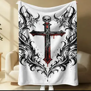 Gothic Skull Cross & Blood Ornament Print Flannel Blanket, Dark Art Cross Collage Throw Blanket, Cozy Soft Warm Blanket for Bed & Couch, Edgy Alternative Style Gift Blanket for Goth & Dark Art Enthusiasts